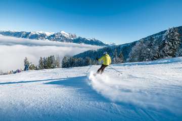 blauer Himmel, Morgenstimmung, Nebelmeer, Piste, Pizol, Pizolbahnen, Schnee, Skifahren, Winter