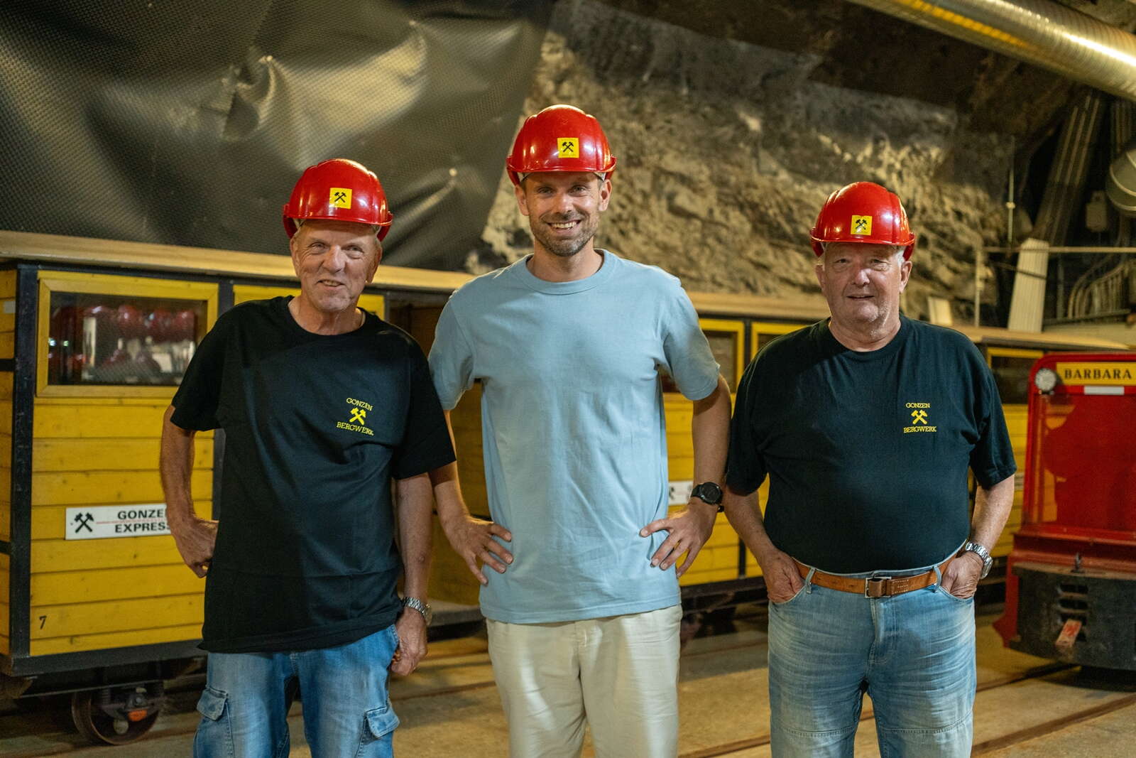 Hans Lutziger Kurt WIlli im Gonzen Bergwerk mit Manuel Rothmund