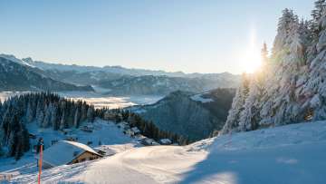 blauer Himmel, Morgenstimmung, Nebelmeer, Piste, Pizol, Pizolbahnen, Schnee, Skifahren, Winter
